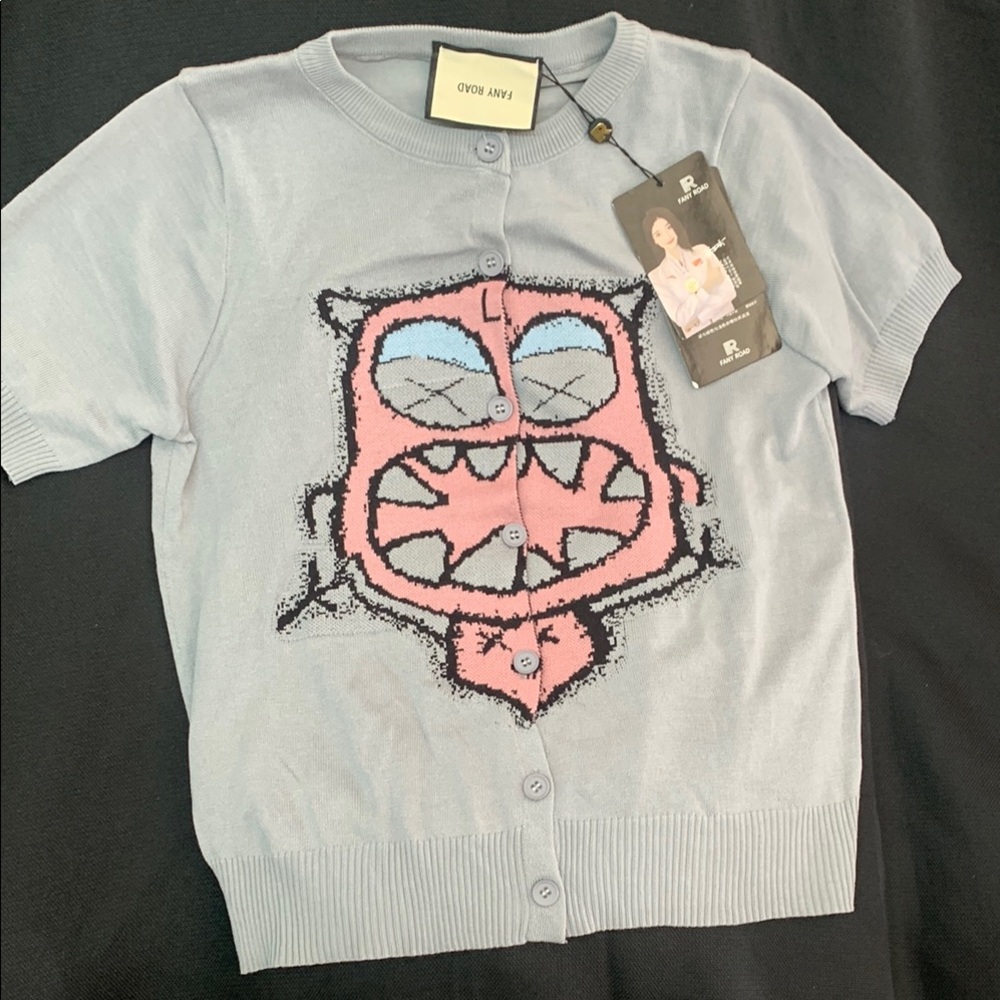 Gray and Pink Button Down Shirt with Cartoon Owl